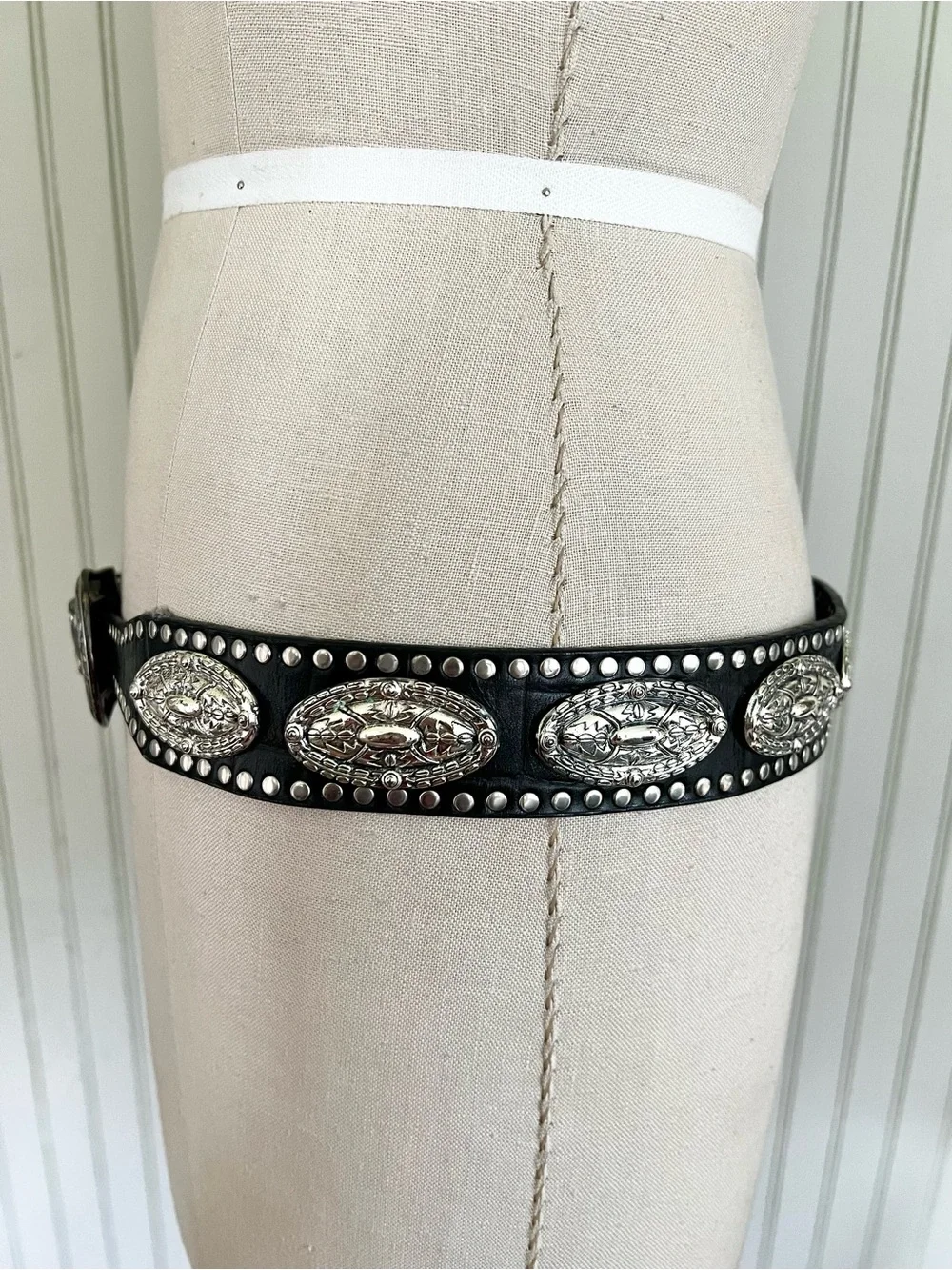 Authentic Vintage Leather Concho Western Black & Silver Belt